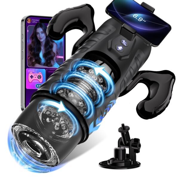 All-in-One AI Interactive Male Masturbator with Handle, Phone Holder & Suction Base, 7 Thrust Modes App-Control Hands-Free Sex Machine