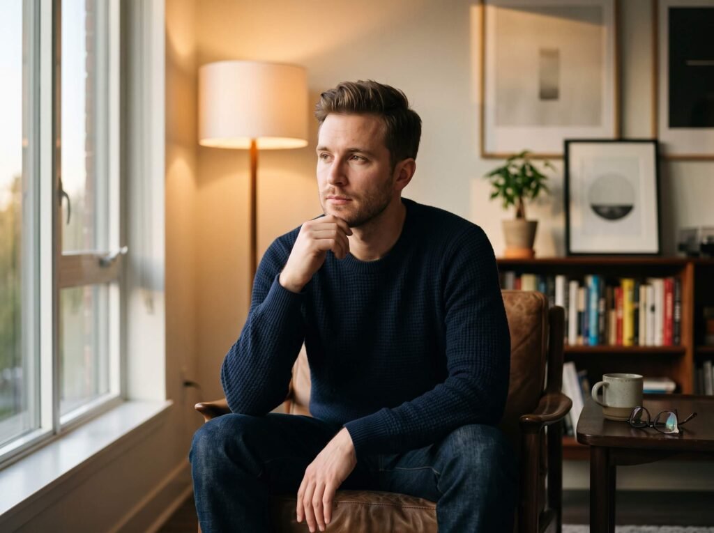 Man reflecting on emotions and personal decisions after sexual experience