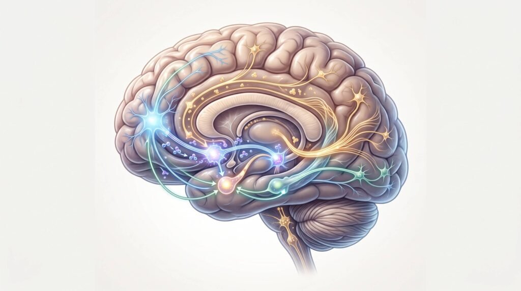 Scientific illustration showing brain chemistry and relaxation response